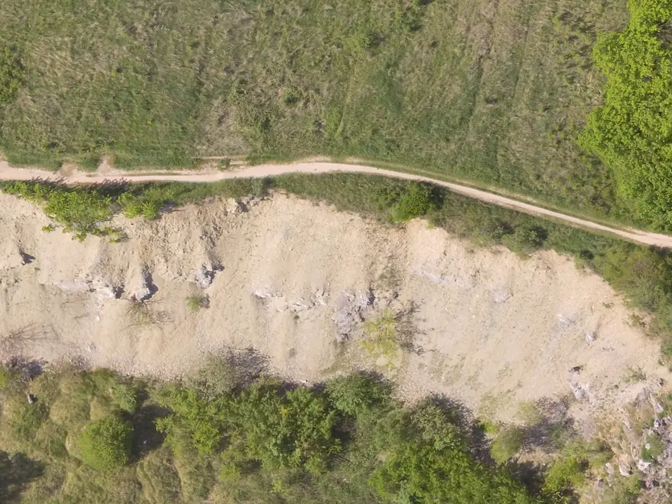 The orthomosaic at full resolution: the pale quarry face, the path along its rim, grass above and trees below.