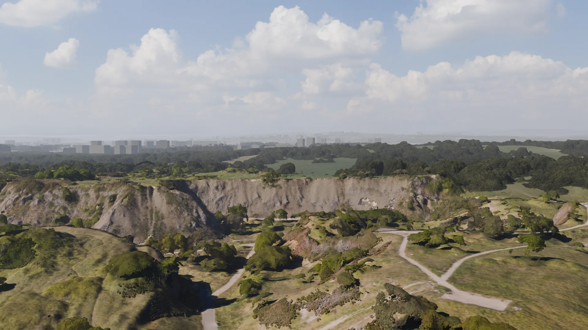 A pale quarry face with scrub and paths in front, woods and a city in haze behind, under a cloudy sky. The quarry is from a real drone flight processed by OJAS 4D; the surroundings and sky are illustrative.