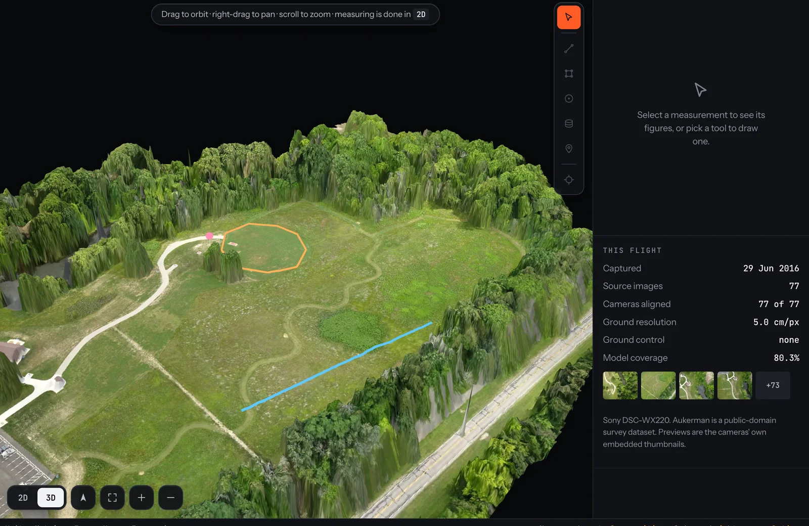 The demo workspace in 3D view: the meadow's surface model with the orthomosaic draped over it and a measured boundary drawn on the mown field