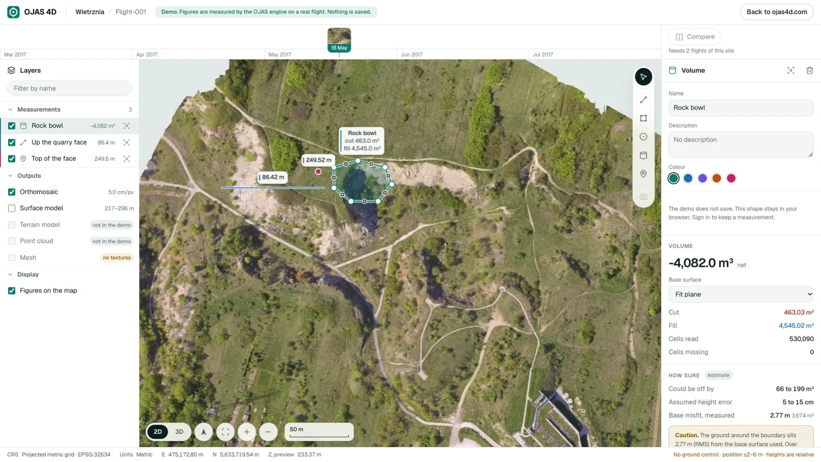 The OJAS 4D workspace on the quarry flight: a volume selected on the map, its figure and how sure it is in the panel on the right.